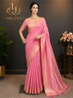 Brand new Baby pink soft cotton saree with stitched blouse (34” - 42”)
